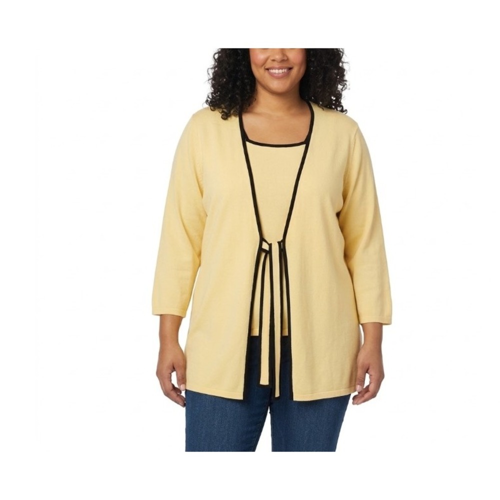 Dressbarn sz 14/16‎ Yellow Black Trim Square Neck Set of Cardigan and Top Preppy